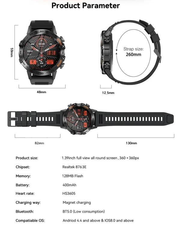 K52 Smart Watch Men Custom Dial Bluetooth Call Watch Heart Rate Blood Oxygen Health Tracker 360*360 HD Screen Sports Smartwatch.