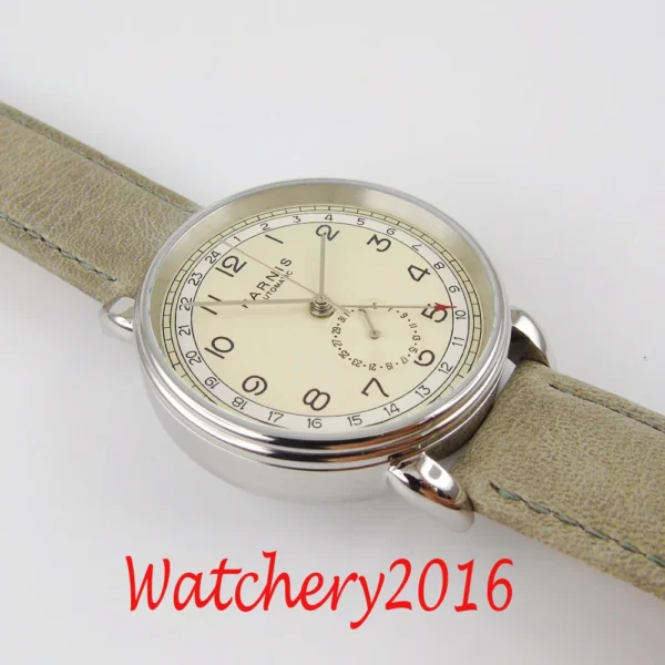 PARNIS 42mm GMT silver case arab mark date window leather strap mens top leisure automatic mechanical watch