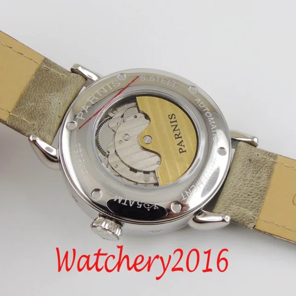 PARNIS 42mm GMT silver case arab mark date window leather strap mens top leisure automatic mechanical watch