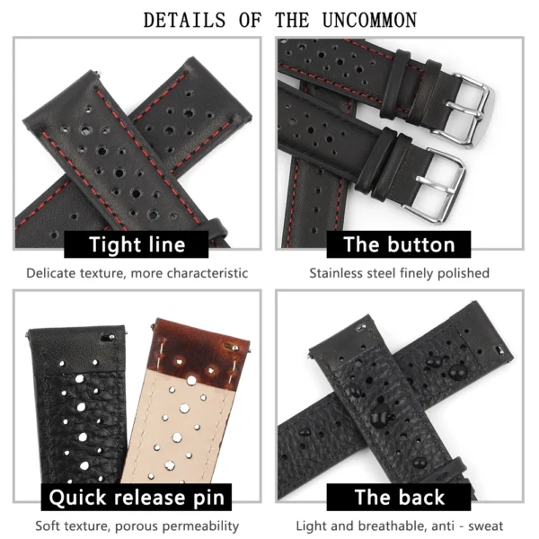 Genuine Leather Strap for Watch Band Belts 18mm 20mm 22mm 24mm Handmade Hollow Breathable Porous Black Watchbands