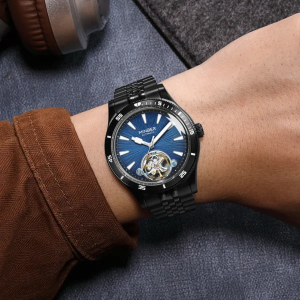 MINBER Mechanical Men's Watch Skeleton Dial Automatic Movement Wristwatches Waterproof Luminous Business Watches for Man 9164G-2