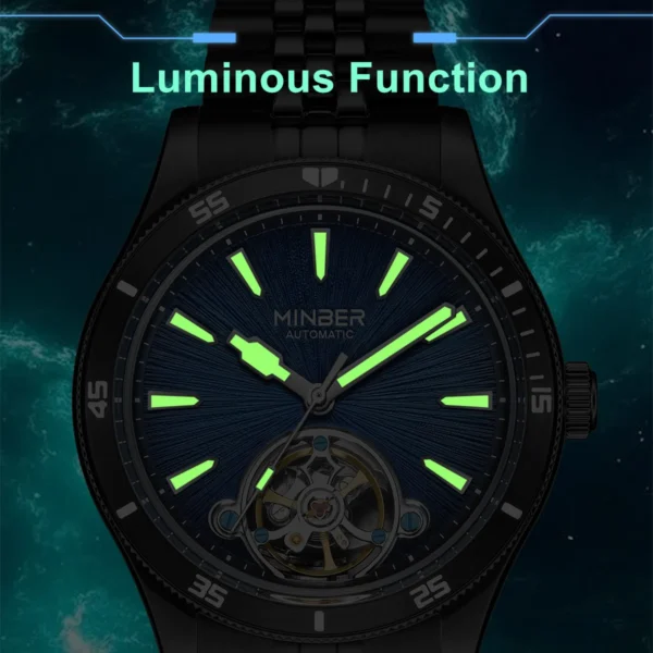MINBER Mechanical Men's Watch Skeleton Dial Automatic Movement Wristwatches Waterproof Luminous Business Watches for Man 9164G-2
