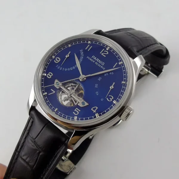43mm Parnis Blue White Dial Power Reserve Genuine Leather Deployment Clasp Automatic Movement Men's Watch