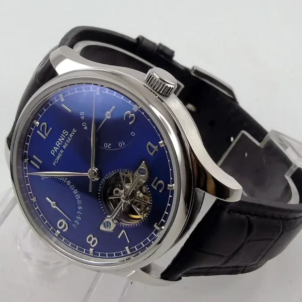 43mm Parnis Blue White Dial Power Reserve Genuine Leather Deployment Clasp Automatic Movement Men's Watch