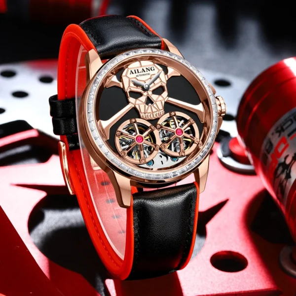 Luxury Skull Rose Gold Mechanical Watch Men High-End Leather Strap 30M Waterproof Automatic Double Tourbillon Watch
