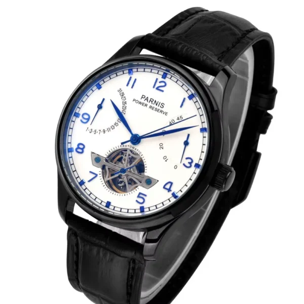 43mm Parnis Blue White Dial Power Reserve Genuine Leather Deployment Clasp Automatic Movement Men's Watch