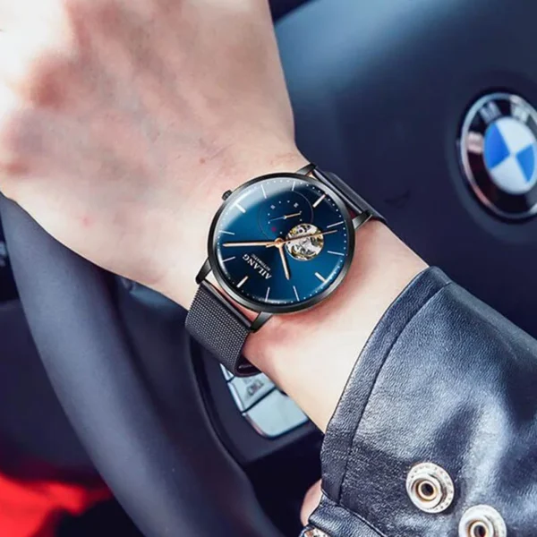 AILANG Unique Second Hand Watches For Mens Automatic Mechanical Fashion Skeleton Wrist Watch Black Steel Belt reloj hombre