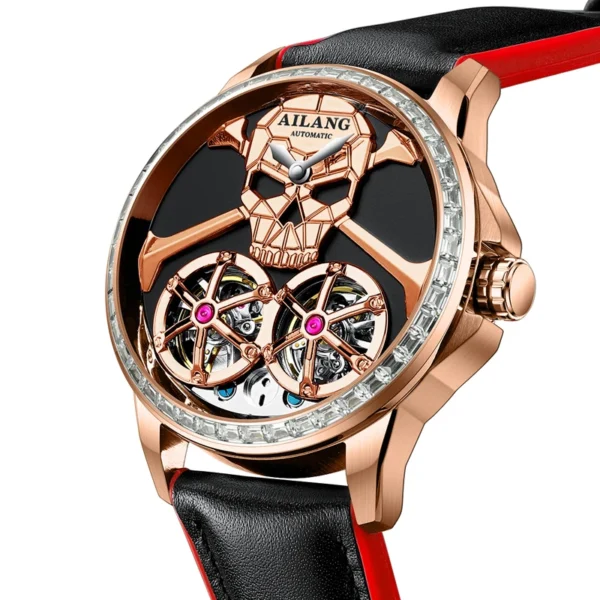 Luxury Skull Rose Gold Mechanical Watch Men High-End Leather Strap 30M Waterproof Automatic Double Tourbillon Watch