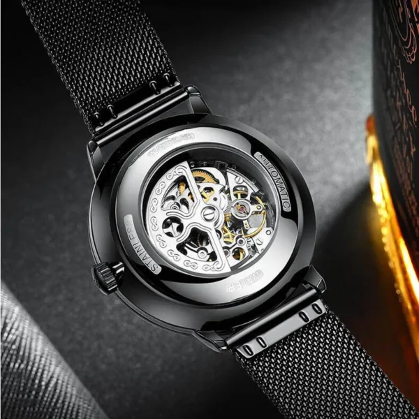 AILANG Unique Second Hand Watches For Mens Automatic Mechanical Fashion Skeleton Wrist Watch Black Steel Belt reloj hombre