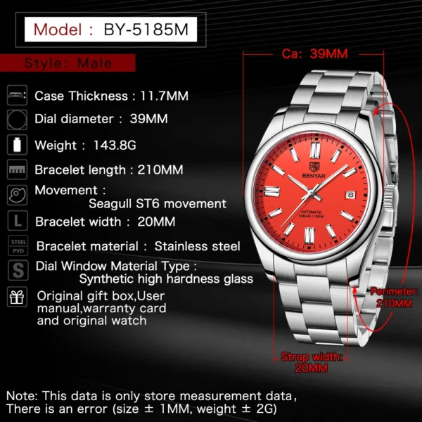 BENYAR 2025 New Men's Automatic Mechanical Watch Seagull ST6 Mechanical Stainless Steel Business Sports 100m Waterproof Watches