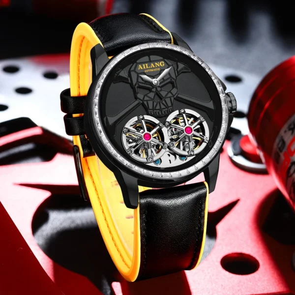 Luxury Skull Rose Gold Mechanical Watch Men High-End Leather Strap 30M Waterproof Automatic Double Tourbillon Watch