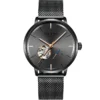 AILANG Unique Second Hand Watches For Mens Automatic Mechanical Fashion Skeleton Wrist Watch Black Steel Belt reloj hombre