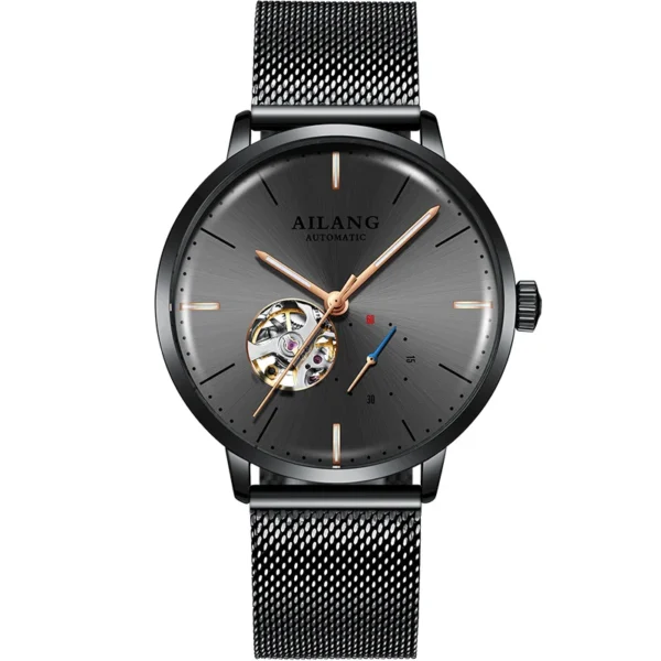 AILANG Unique Second Hand Watches For Mens Automatic Mechanical Fashion Skeleton Wrist Watch Black Steel Belt reloj hombre
