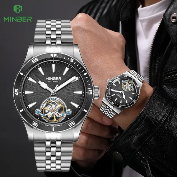 MINBER Mechanical Men's Watch Skeleton Dial Automatic Movement Wristwatches Waterproof Luminous Business Watches for Man 9164G-2