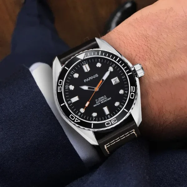 43mm Parnis Automatic Mechanical Watch Men Ceramic Bezel 5ATM Luxury Sapphire Waterproof Diver Wrist Calendar Men's Watch