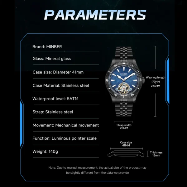 MINBER Mechanical Men's Watch Skeleton Dial Automatic Movement Wristwatches Waterproof Luminous Business Watches for Man 9164G-2
