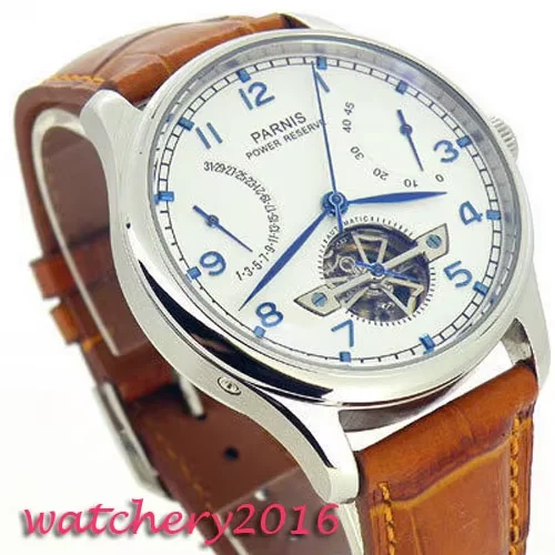 43mm Parnis Blue White Dial Power Reserve Genuine Leather Deployment Clasp Automatic Movement Men's Watch