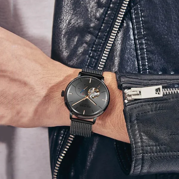 AILANG Unique Second Hand Watches For Mens Automatic Mechanical Fashion Skeleton Wrist Watch Black Steel Belt reloj hombre