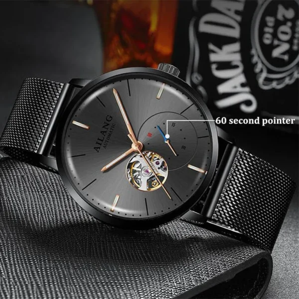 AILANG Unique Second Hand Watches For Mens Automatic Mechanical Fashion Skeleton Wrist Watch Black Steel Belt reloj hombre