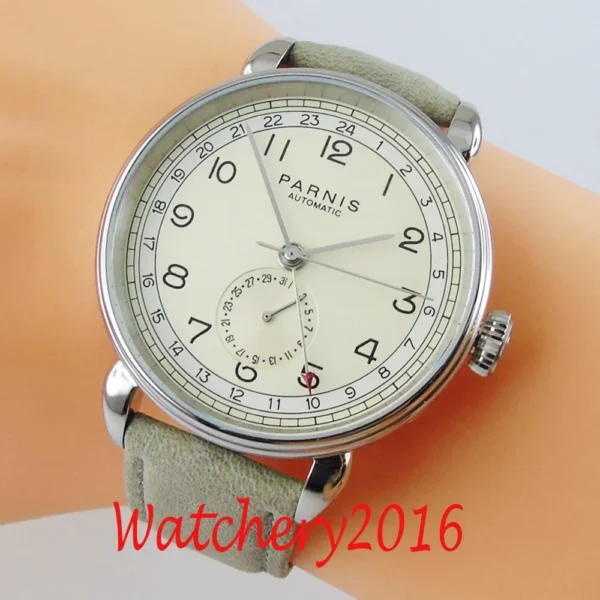 PARNIS 42mm GMT silver case arab mark date window leather strap mens top leisure automatic mechanical watch